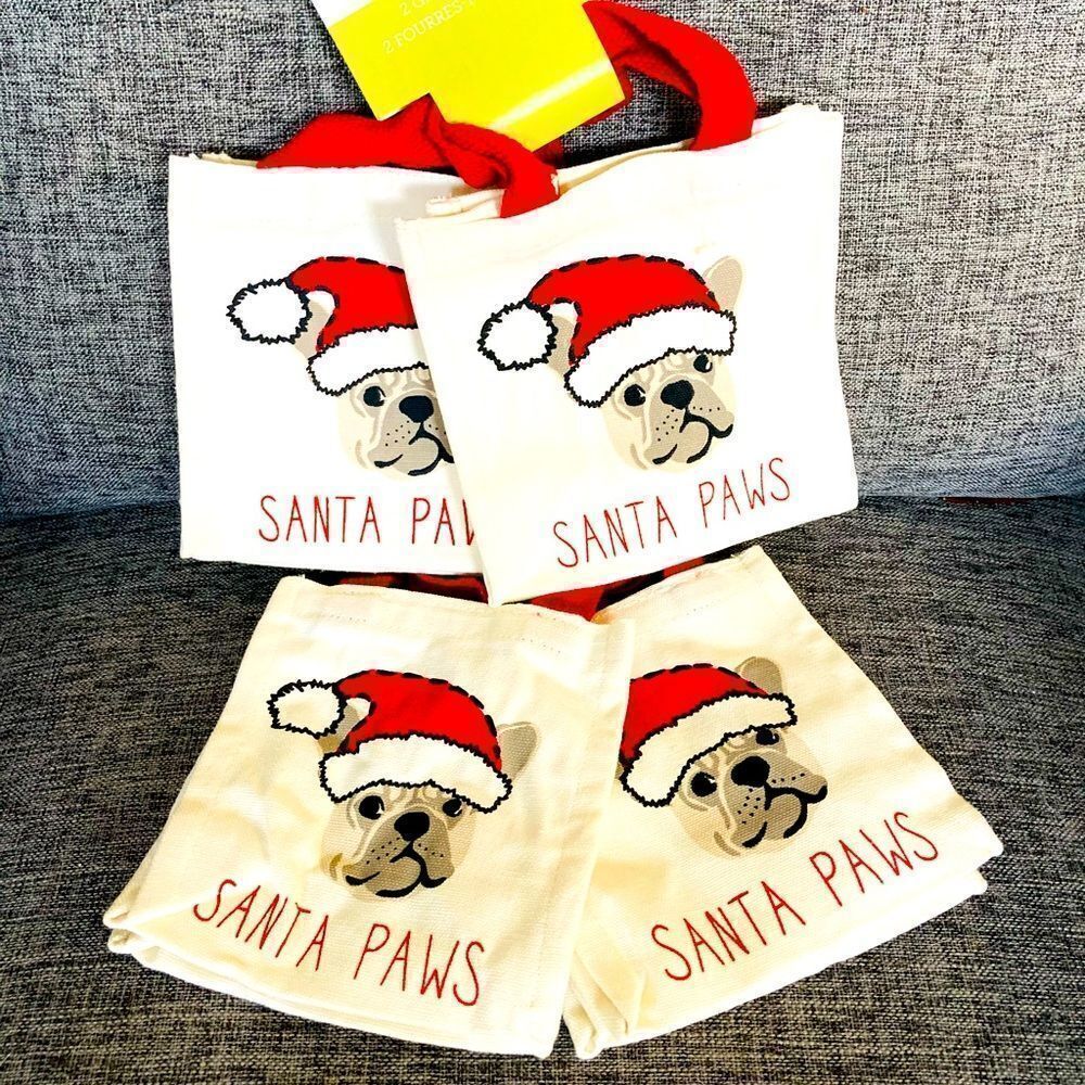 NWT Santa Paws Frenchie Dog 4-pc Canvas Tote Gift Bags - Picture 1 of 3